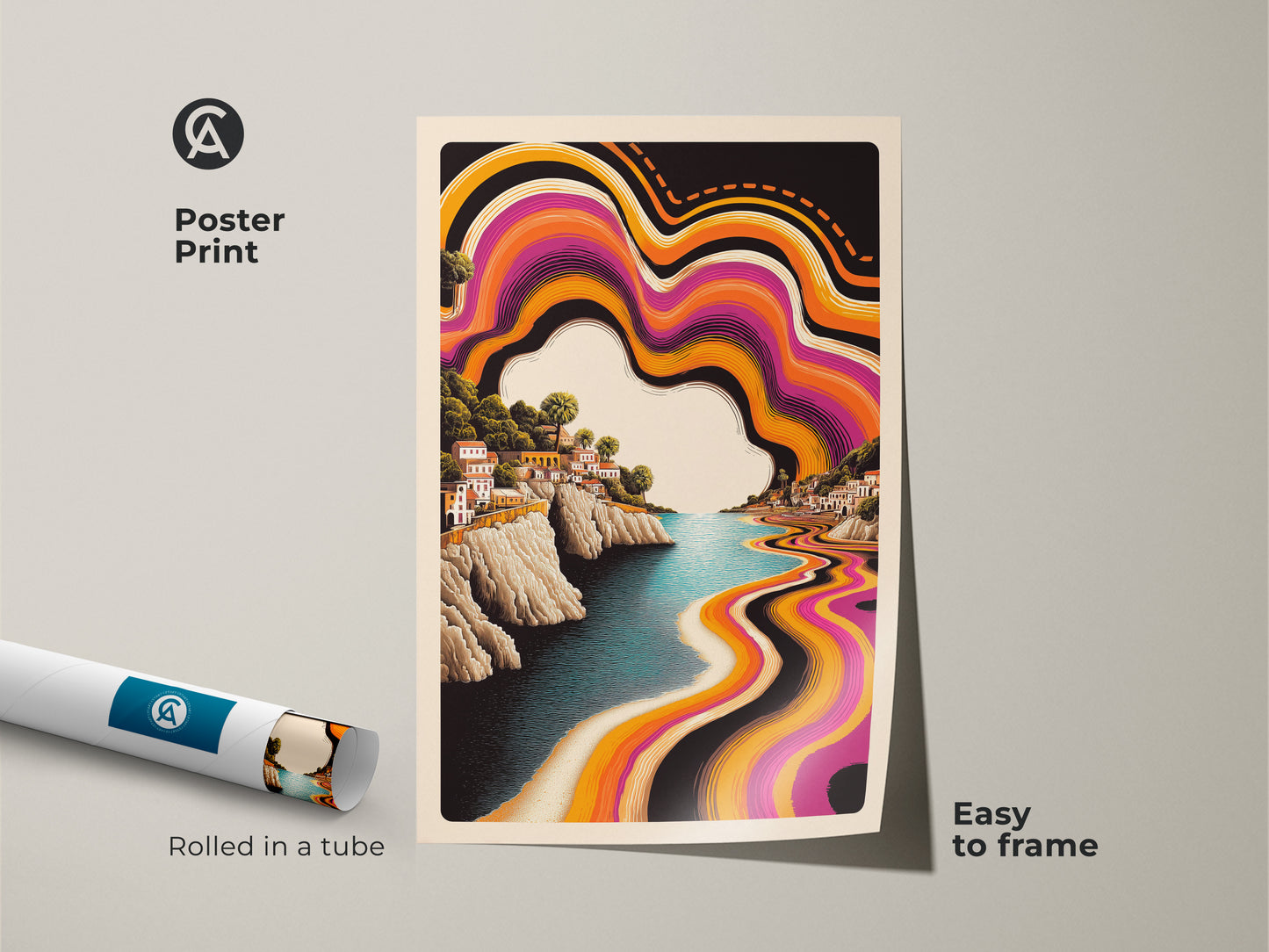 Poster Print of an Abstract Wavy Landscape Art a Retro Coastal Town. This Boho Bedroom Wall Decor is easy to frame. Rolled in a tube this Purple Orange Waves art makes a vibrant artistic travel poster for any travel lover.