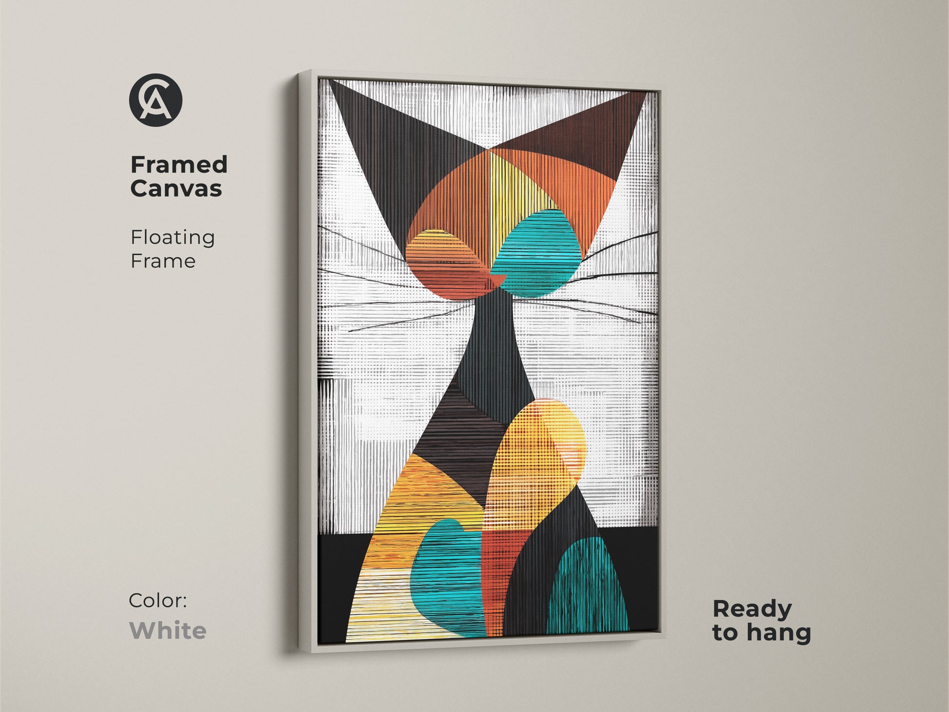 White framed canvas of a geometric abstract cat. This floating frame mid century modern artwork is ready to hang. The teal orange and yellow colors create a vibrant piece.