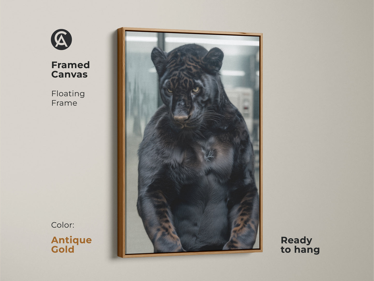 Framed canvas featuring a black panther with a floating frame in antique gold. The gold frame enhances the artwork's luxurious feel. This ready-to-hang canvas adds elegance to your decor. The panther's muscular build and intense eyes create a captivating focal point. Elevate your space with this stunning piece.