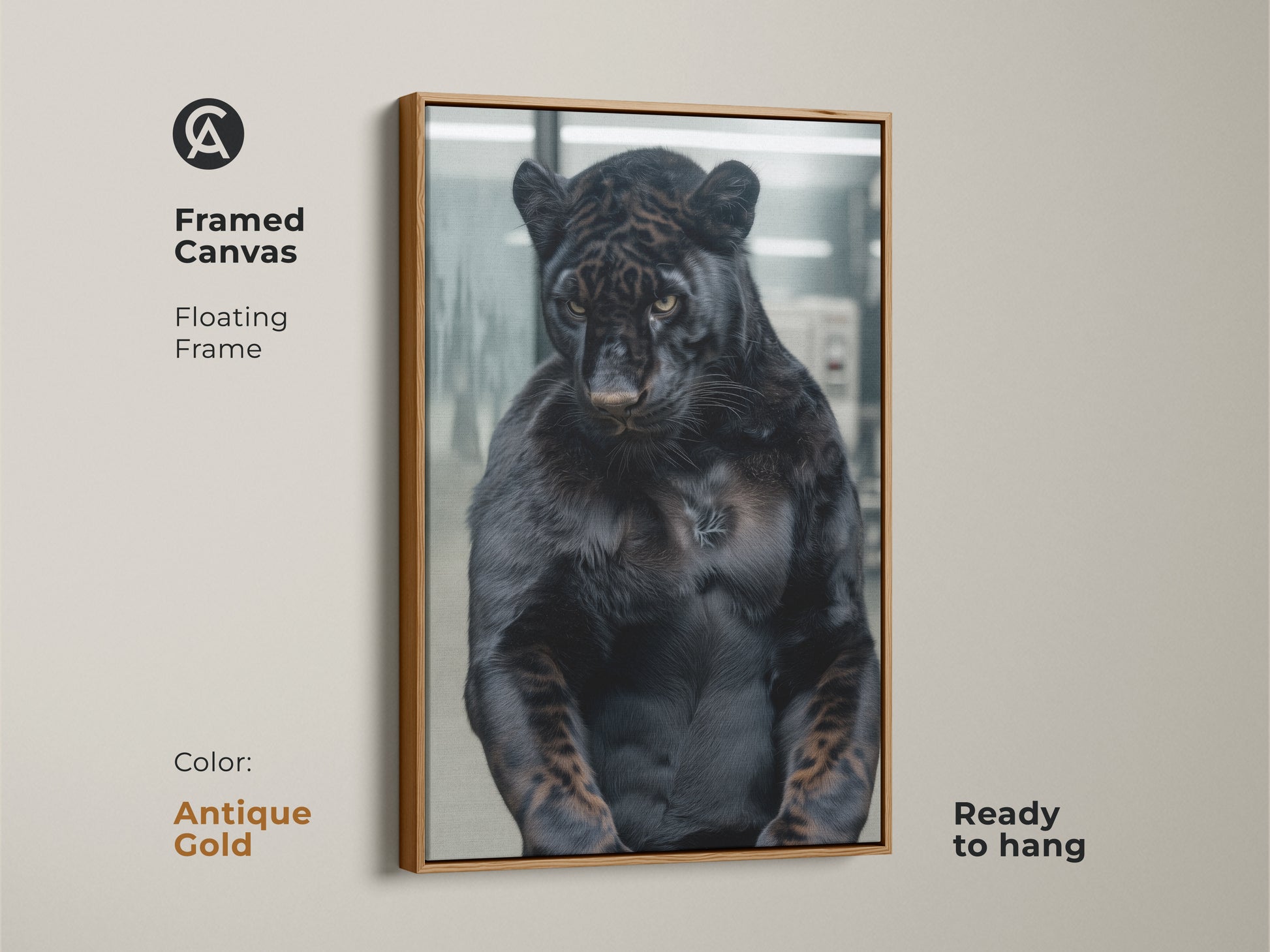 Framed canvas featuring a black panther with a floating frame in antique gold. The gold frame enhances the artwork's luxurious feel. This ready-to-hang canvas adds elegance to your decor. The panther's muscular build and intense eyes create a captivating focal point. Elevate your space with this stunning piece.