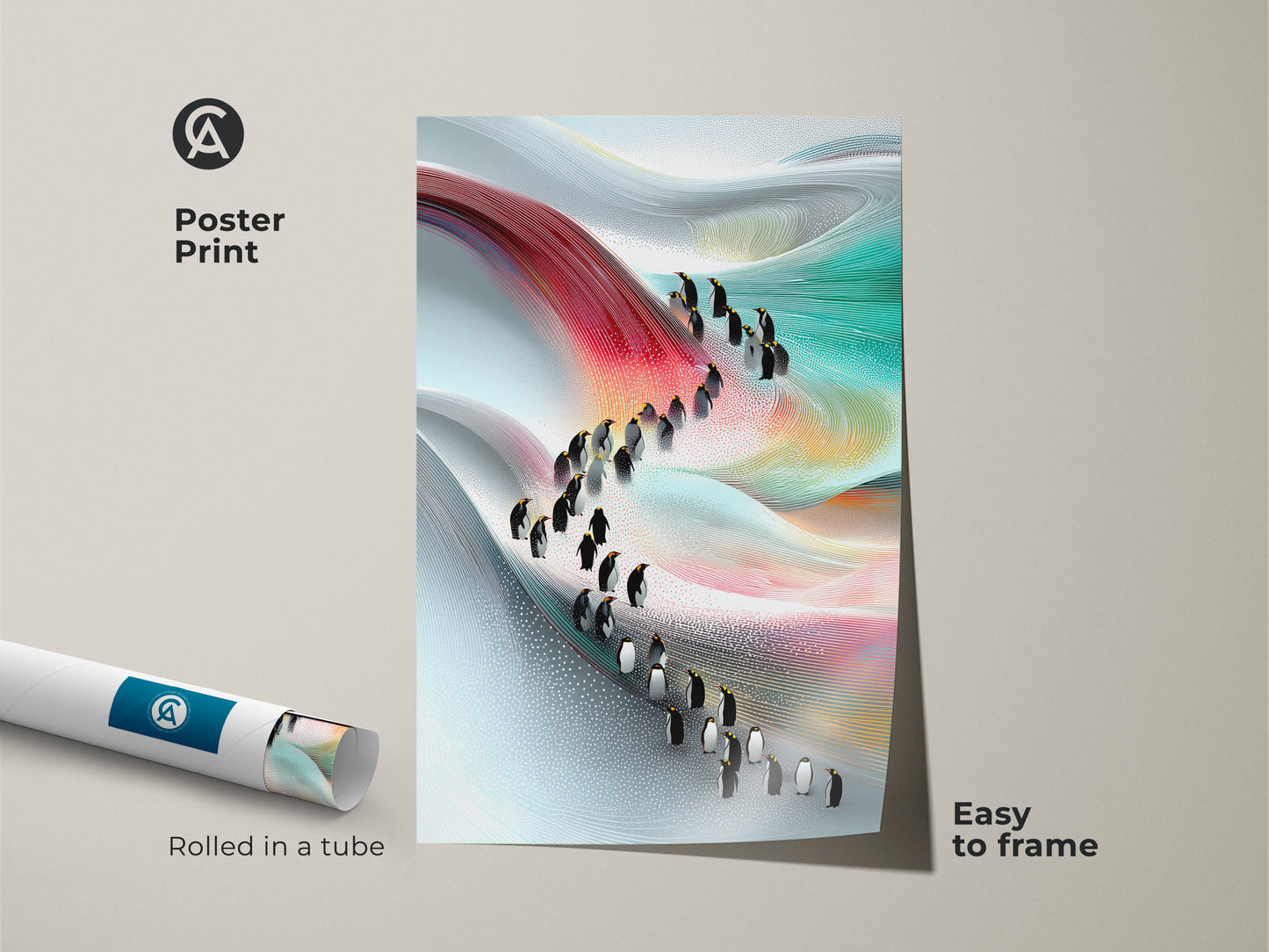 Poster print of an abstract penguin painting rolled in a tube for easy framing. This contemporary wall art showcases a red blue and teal landscape. It's a modern animal artwork and nature inspired design. Ideal as a unique hallway decor print for animal lovers.