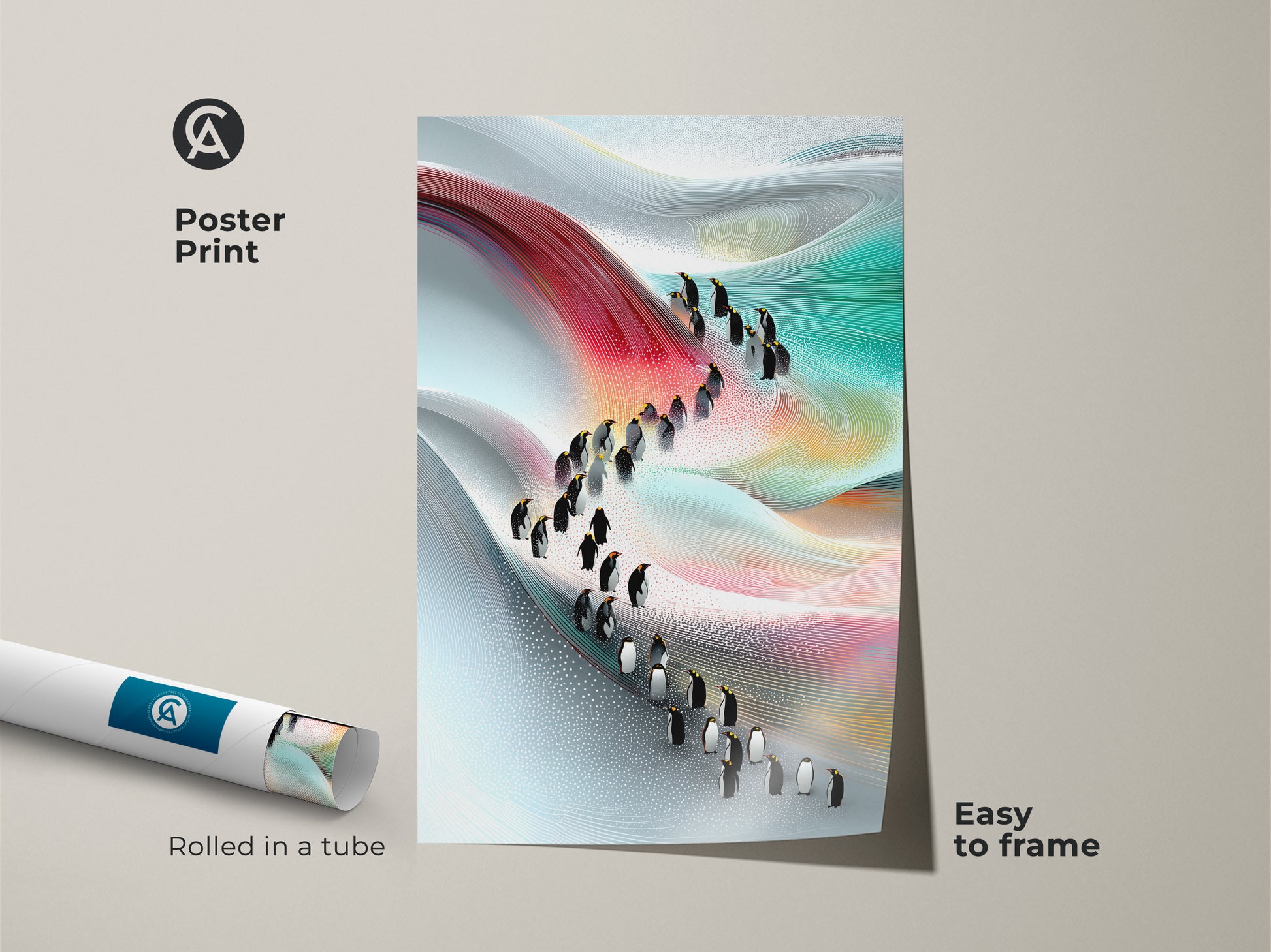 Poster print of an abstract penguin painting rolled in a tube for easy framing. This contemporary wall art showcases a red blue and teal landscape. It's a modern animal artwork and nature inspired design. Ideal as a unique hallway decor print for animal lovers.