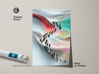 Poster print of an abstract penguin painting rolled in a tube for easy framing. This contemporary wall art showcases a red blue and teal landscape. It's a modern animal artwork and nature inspired design. Ideal as a unique hallway decor print for animal lovers.