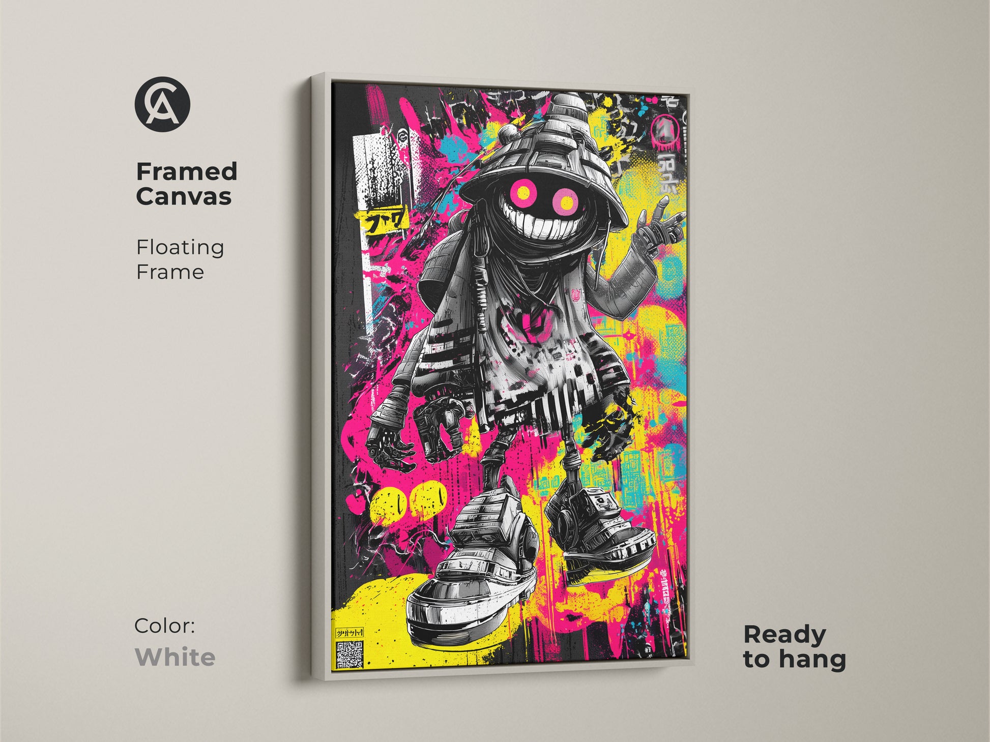Framed graffiti canvas art with a white floating frame. The artwork features a whimsical character with pink eyes. This framed canvas is ready to hang. The white frame creates a clean modern look. Perfect for adding a pop of color to your wall art.