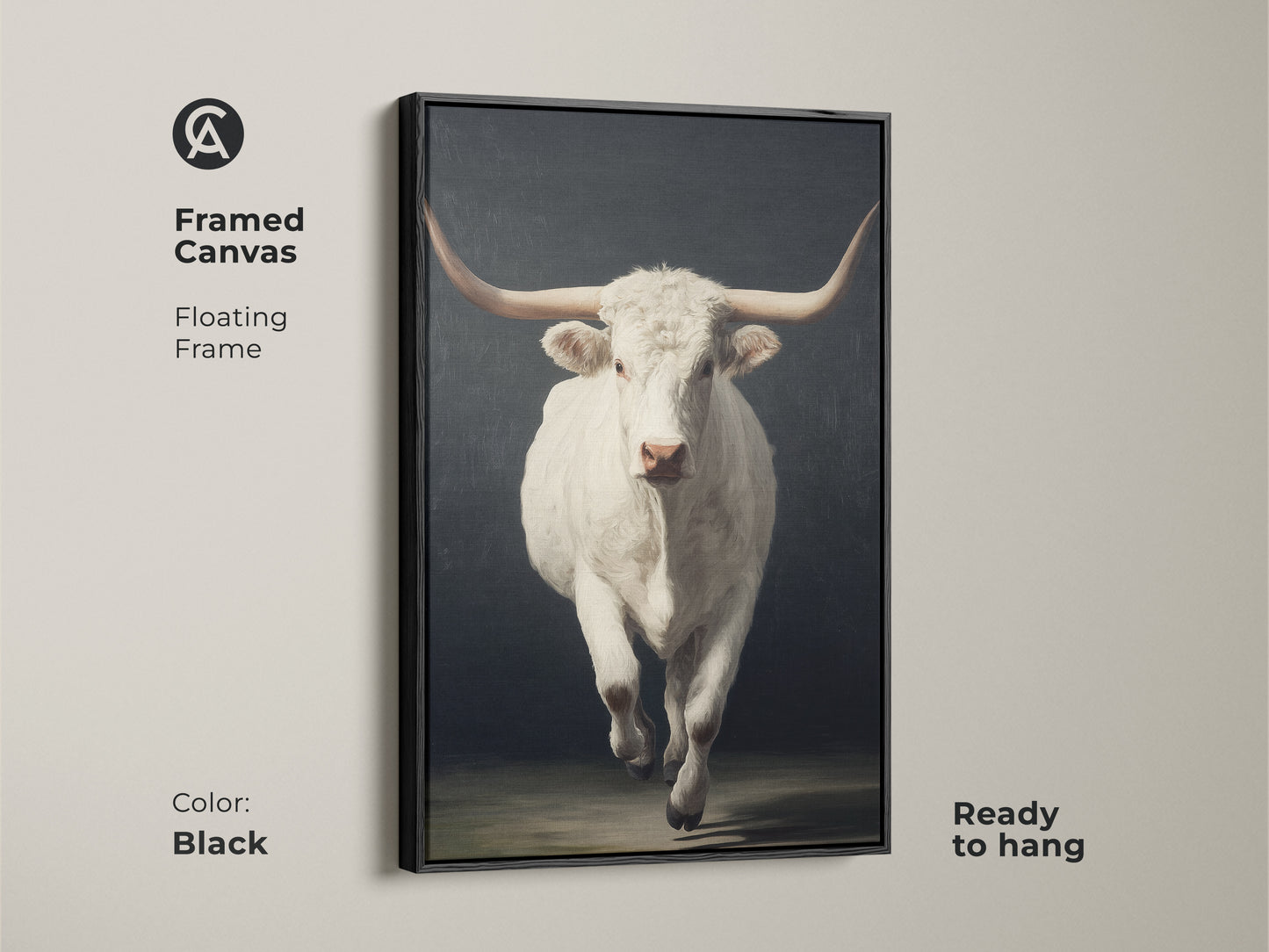Framed canvas view of the farmhouse longhorn wall art. The floating frame is black. The realistic bull wall decor comes ready to hang. It's a perfect western wildlife artwork for country living room art.