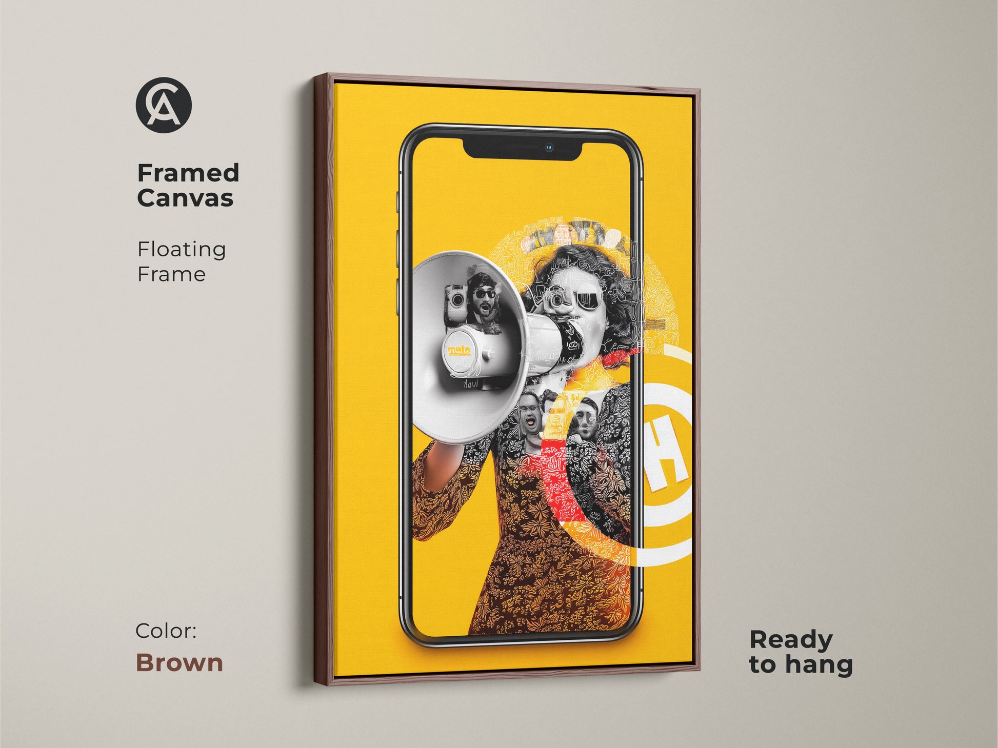 Framed canvas featuring a surrealist collage with a brown floating frame. The art showcases a megaphone and smartphone. Ready to hang this pop culture print adds an eclectic touch to any room. Ideal office decor or a creative gift.
