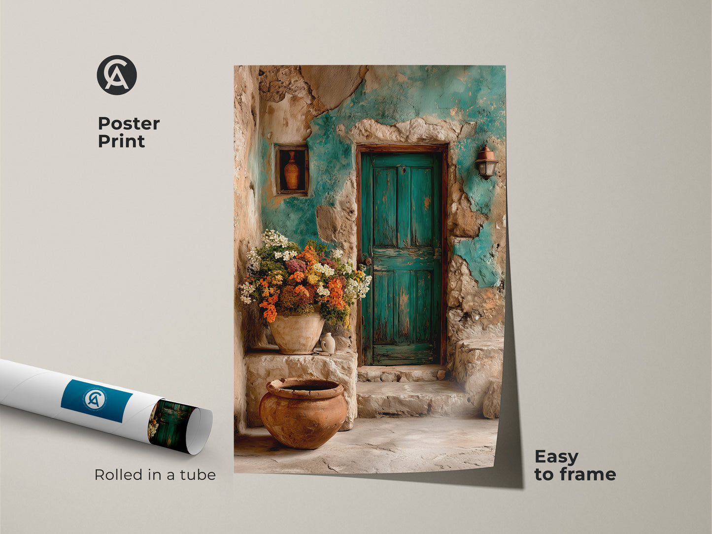 Poster print of Mediterranean home decor with a boho floral wall art theme. The charming teal door artwork is easy to frame. This travel lovers gift print features green brown botanical art. It brings rustic architecture to any space a unique wall hanging.