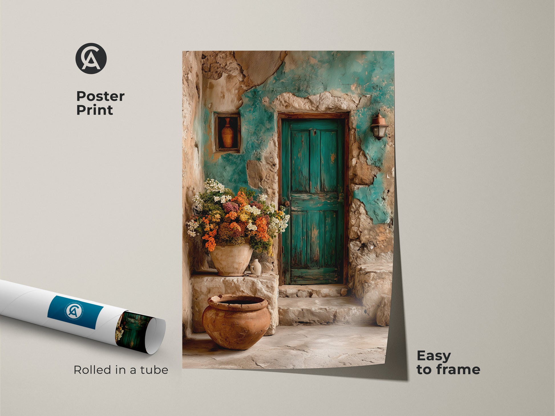 Poster print of Mediterranean home decor with a boho floral wall art theme. The charming teal door artwork is easy to frame. This travel lovers gift print features green brown botanical art. It brings rustic architecture to any space a unique wall hanging.