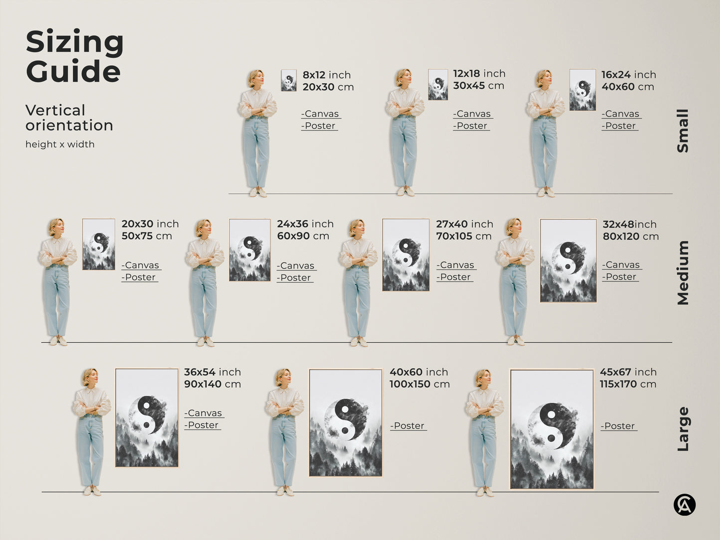 Sizing guide for vertical Yin Yang forest art. Choose from canvas or poster in sizes from small to large. Find the perfect fit for your space with this monochrome zen decor.