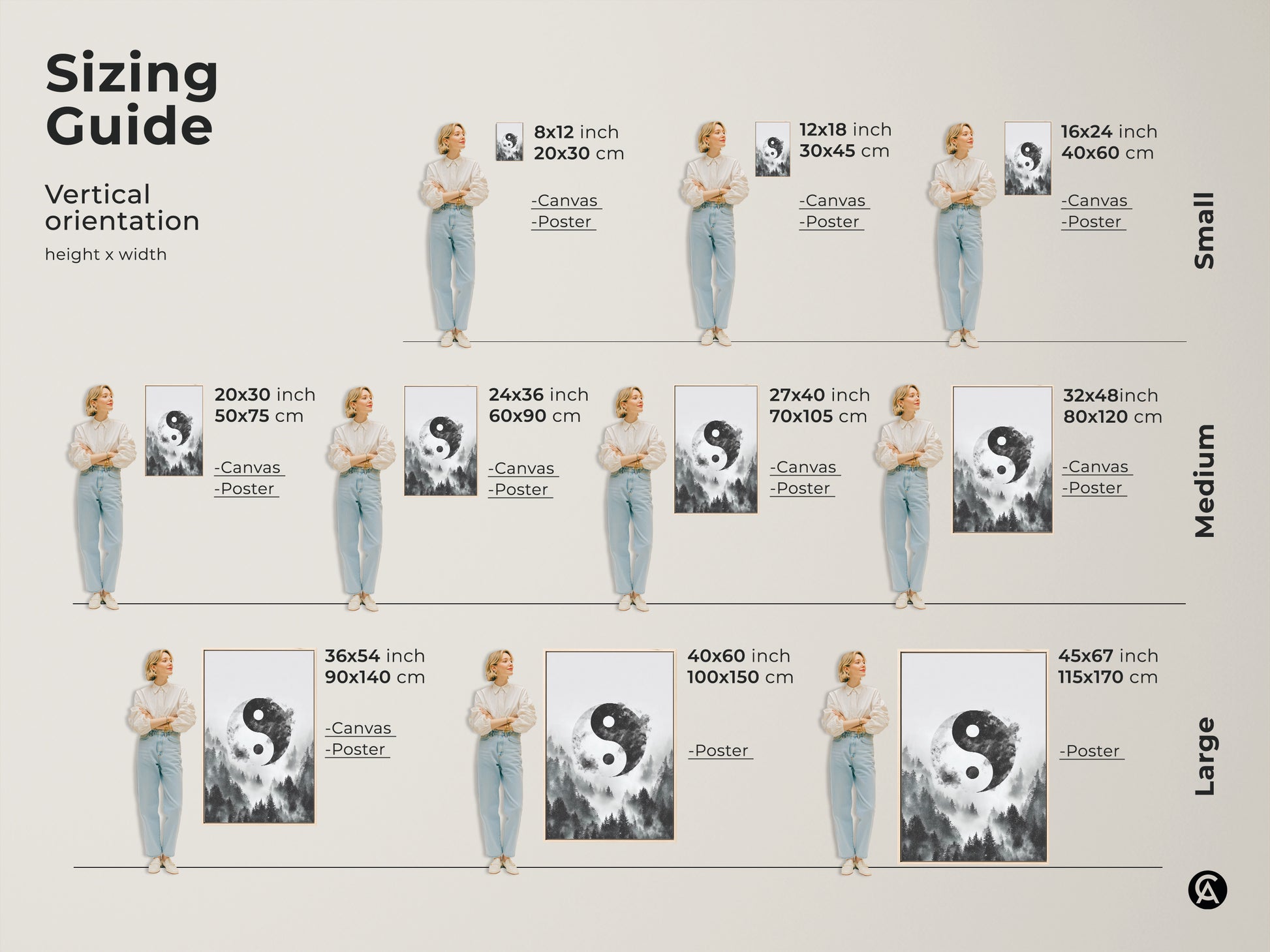 Sizing guide for vertical Yin Yang forest art. Choose from canvas or poster in sizes from small to large. Find the perfect fit for your space with this monochrome zen decor.