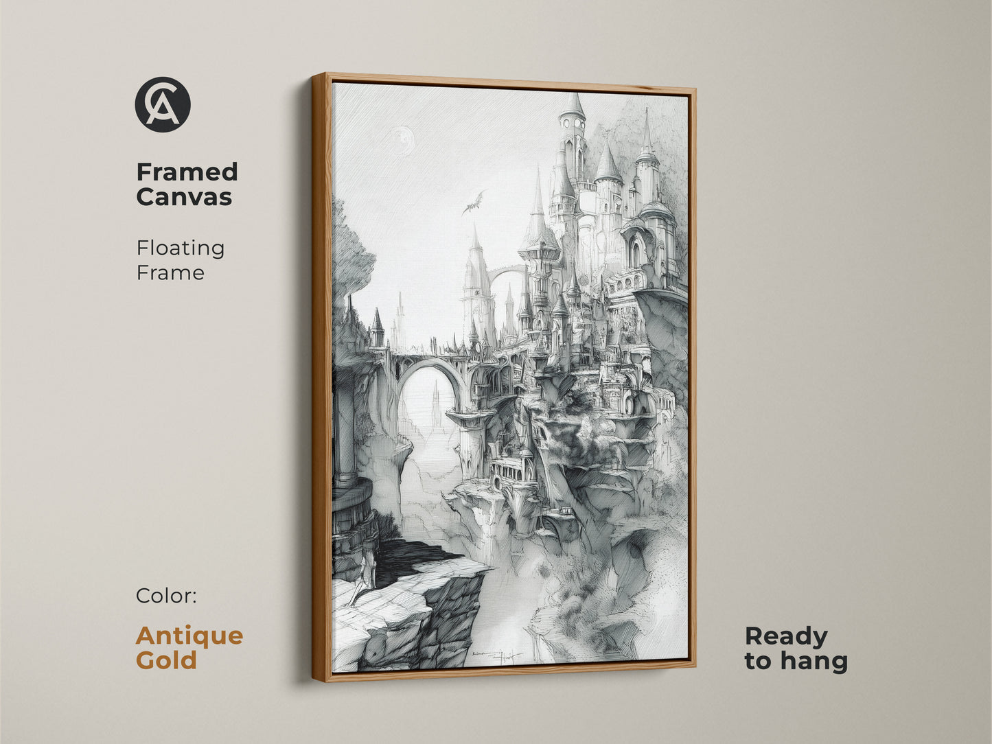 Framed canvas art featuring a detailed castle sketch with an antique gold floating frame. The medieval fantasy castle sits on cliffs. This framed canvas comes ready to hang. Buy this unique piece for your home.