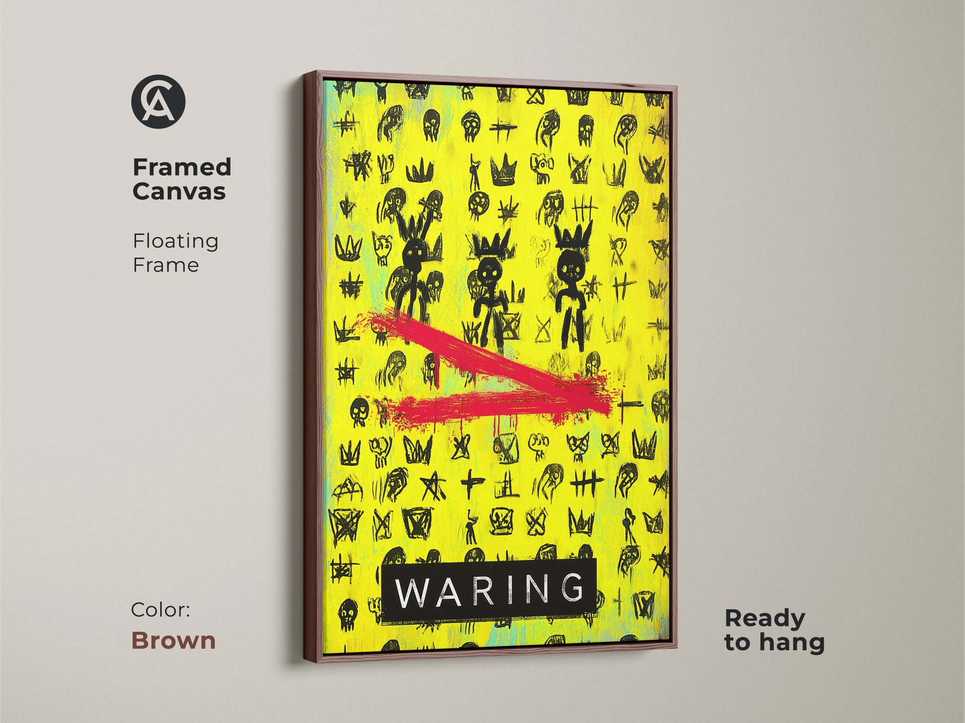 This framed canvas presents a vibrant street art graffiti print with neon yellow and black elements. A brown floating frame complements the abstract skull art. It is perfect for adding an eclectic touch to any teen room or office space. This pop art canvas showcases crowns and skulls.