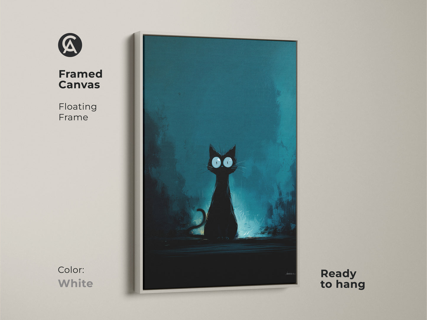 Framed canvas with a white floating frame featuring a black cat art print. This feline fantasy artwork has a moody teal art print style. Ready to hang and perfect as a gift for cat lovers. Eclectic animal art for bedroom.