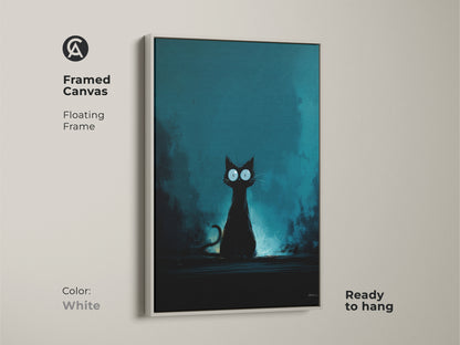 Framed canvas with a white floating frame featuring a black cat art print. This feline fantasy artwork has a moody teal art print style. Ready to hang and perfect as a gift for cat lovers. Eclectic animal art for bedroom.