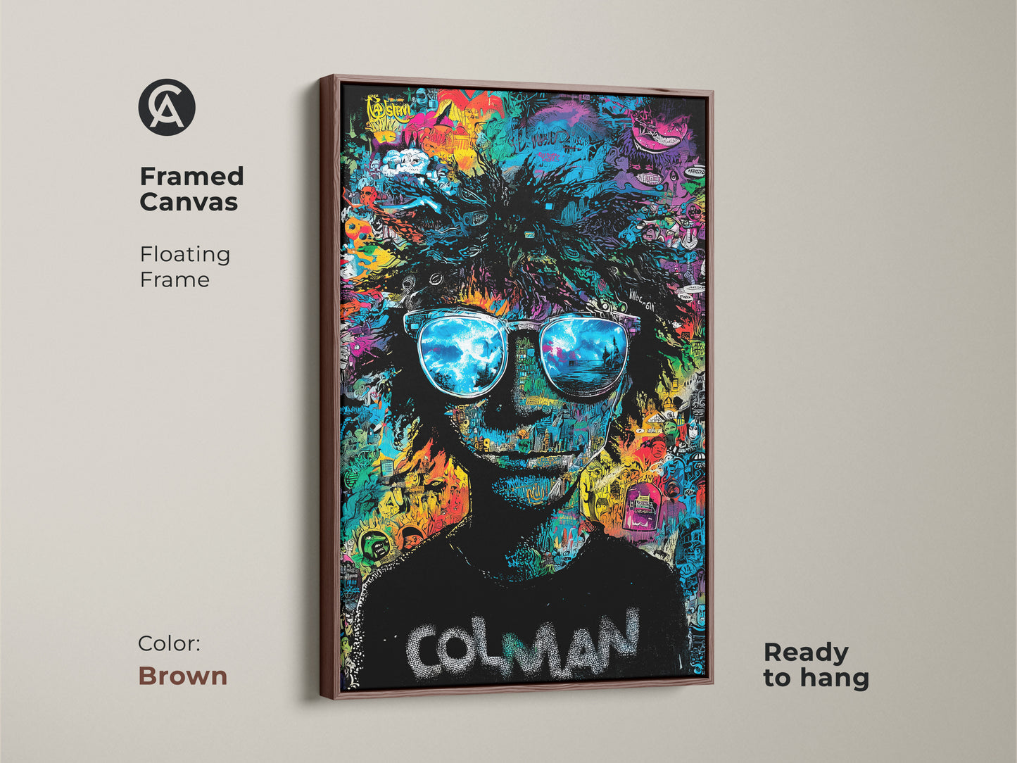 Framed canvas art in a brown floating frame. Ready to hang. This Colman artwork features a person with sunglasses. The lenses reflect a beach scene. The background has colorful graffiti. Elevate your space with framed art.