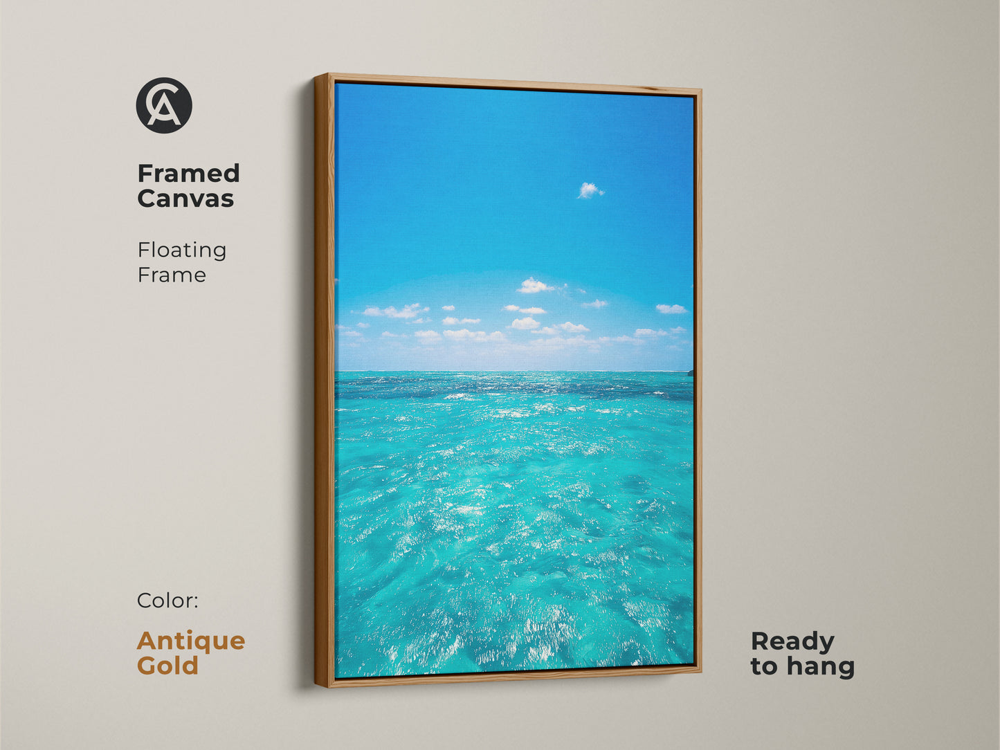Framed canvas art of turquoise ocean waves with an antique gold floating frame. Realistic seascape art print for a coastal home. The blue ocean water artwork brings summer vacation vibes to your wall.