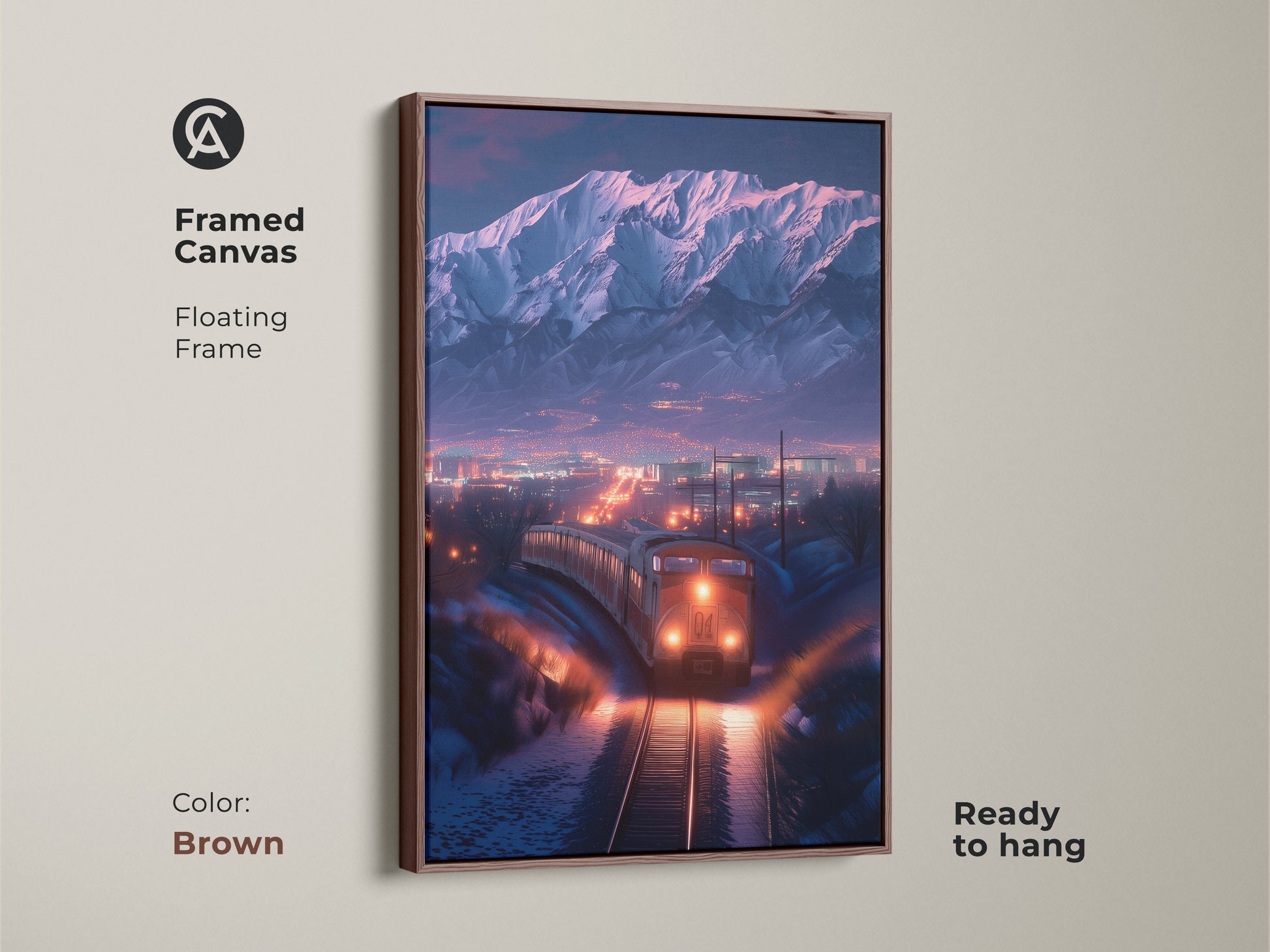 Framed canvas showcases a winter train landscape. Brown floating frame complements the mountain cityscape artwork. Ready to hang cinematic art with vibrant orange and blue. An excellent wall decor choice for train enthusiasts. This snow train artwork brings warmth to any room. Perfect housewarming gift.