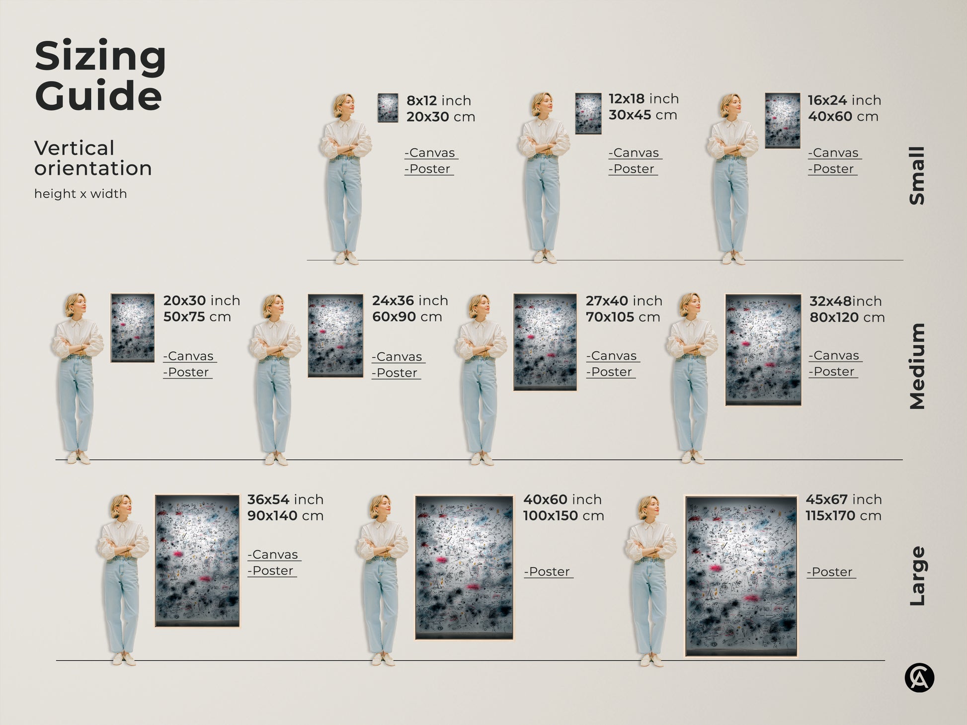 Sizing guide for vertical art orientation. Available in small medium and large sizes. Visualize canvas and poster options with height and width dimensions in inches and centimeters. Find the perfect fit for your space. Choose from various sizes to complement your room decor and make a statement with your wall art.
