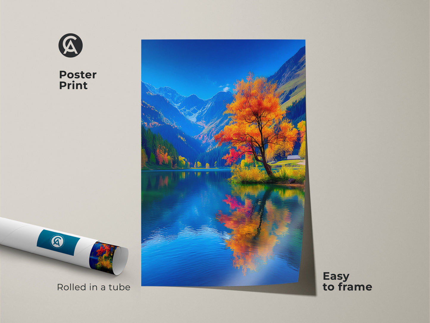 Poster print of a scenic lake and autumn tree landscape. The print is rolled in a tube for easy framing. This nature-inspired artwork adds color to any room. It's an easy to frame poster art.