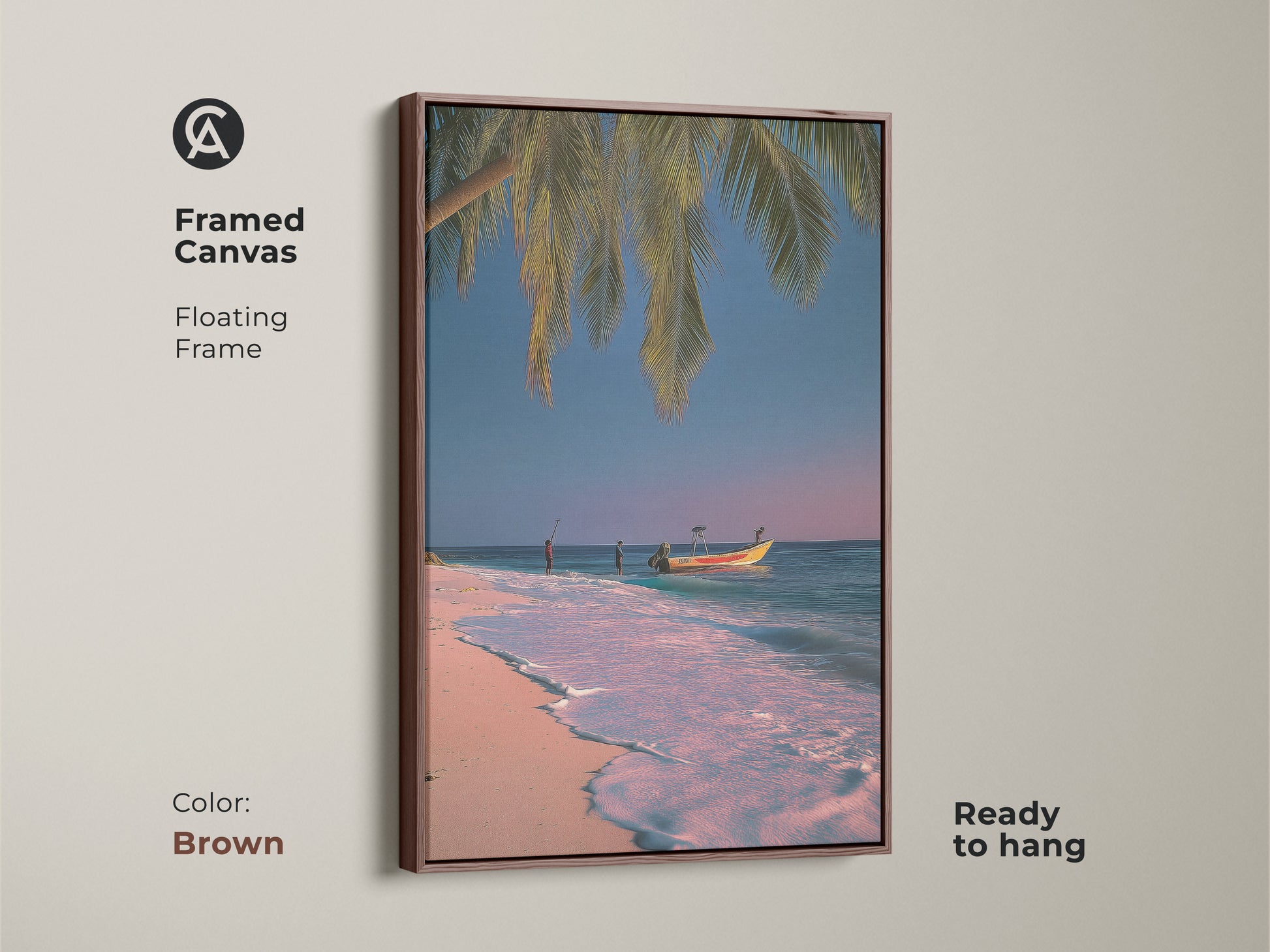 Framed canvas art with a brown floating frame showcasing tropical beach artwork. This seaside boat scene art brings coastal charm. This blue teal pink wall art is ready to hang. It's an ideal housewarming gift.