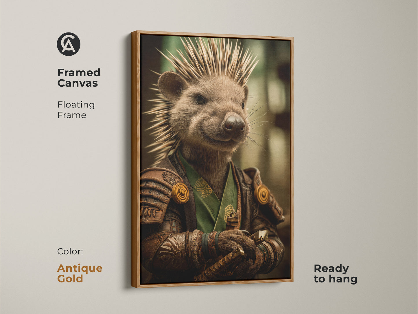 The antique gold framed canvas displays a ready to hang samurai hedgehog. A sophisticated animal art choice for your home. This fantasy themed office decor is sure to impress.