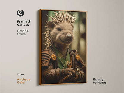 The antique gold framed canvas displays a ready to hang samurai hedgehog. A sophisticated animal art choice for your home. This fantasy themed office decor is sure to impress.