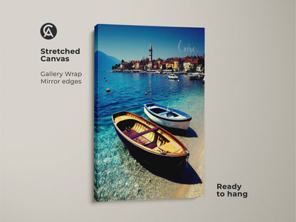 Stretched canvas print featuring a European lakeside landscape. Blue boats art is gallery wrapped with mirror edges. Ready to hang this realistic seascape wall art brings coastal dining room flair. Ideal housewarming gift for beach lovers craving aqua blue decor and nautical boat artwork.