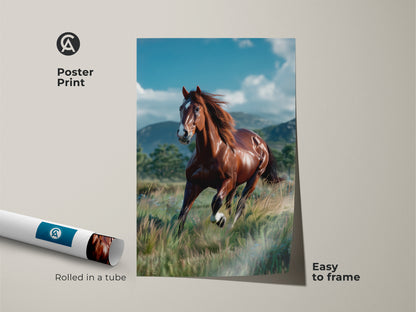Poster print of a beautiful brown horse running through a field. This horse artwork is easy to frame. The poster is rolled in a tube for protection. A great choice for horse enthusiasts seeking affordable art. Enhance your home decor with this stunning equine print.