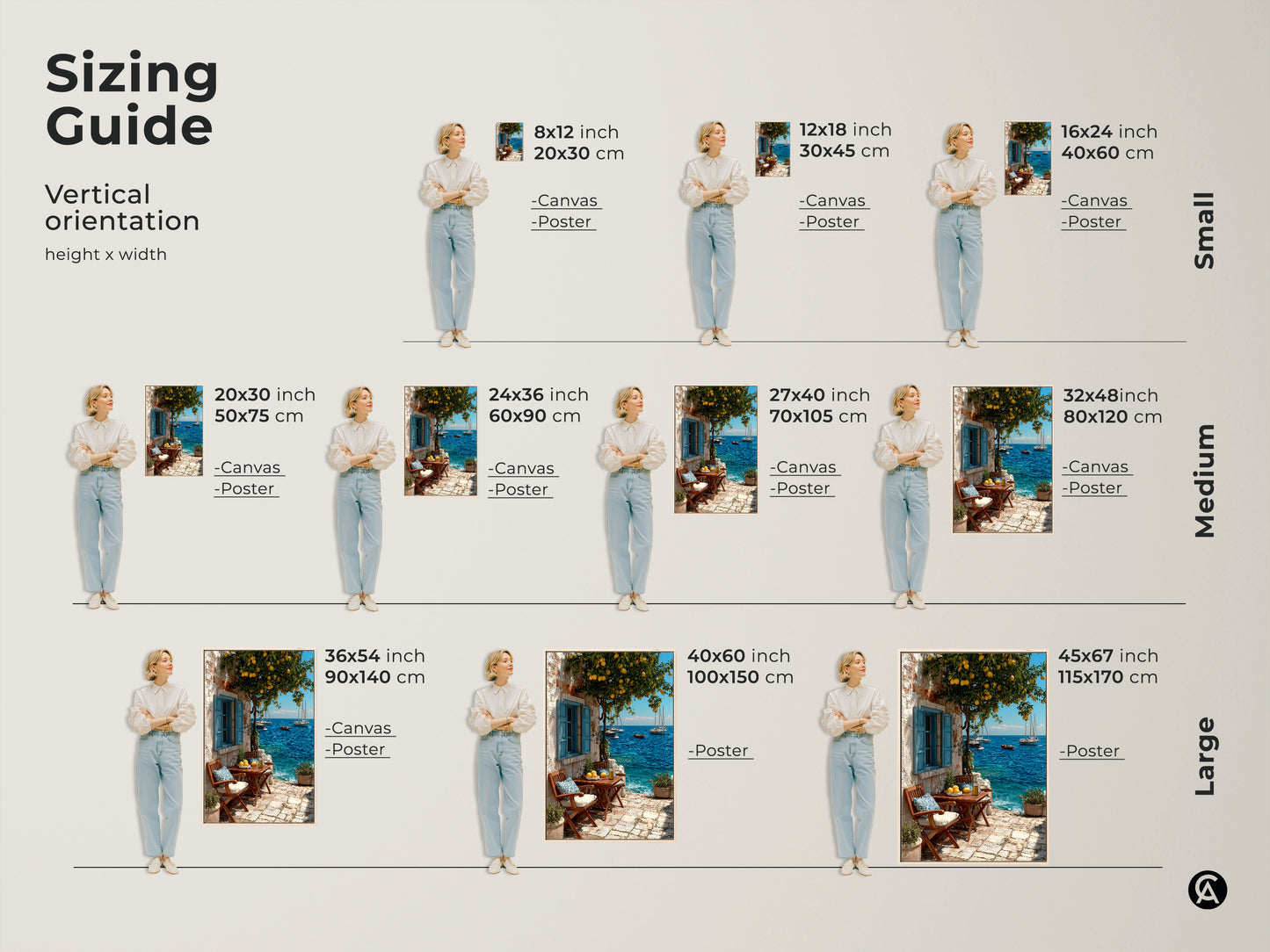 Sizing guide for mediterranean lemon tree canvas and poster prints. Vertical orientation options in small medium and large. Find the perfect size for your coastal home decor. The artwork features a charming scene with a lemon tree azure ocean and sailboats. Choose the ideal art to add a breezy seaside vibe to your space.