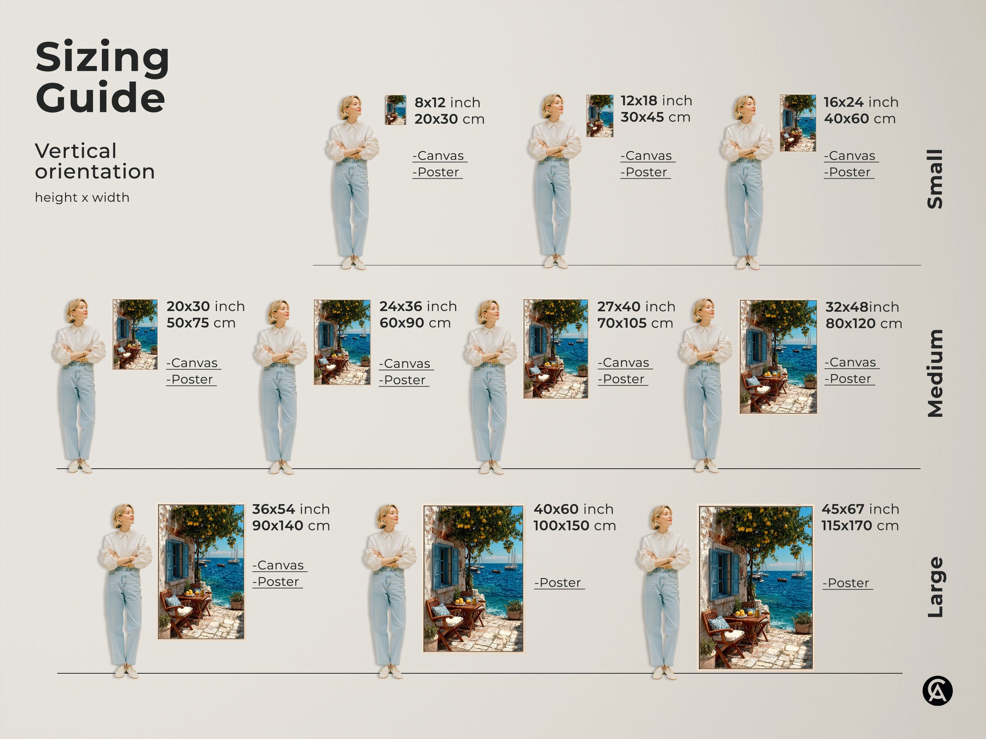 Sizing guide for mediterranean lemon tree canvas and poster prints. Vertical orientation options in small medium and large. Find the perfect size for your coastal home decor. The artwork features a charming scene with a lemon tree azure ocean and sailboats. Choose the ideal art to add a breezy seaside vibe to your space.