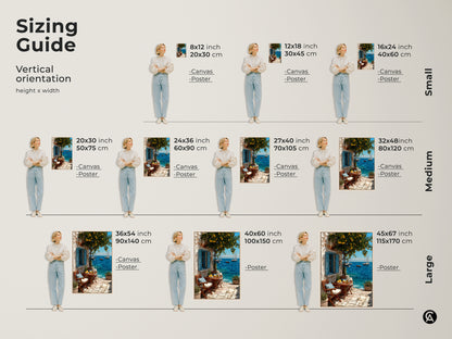 Sizing guide for mediterranean lemon tree canvas and poster prints. Vertical orientation options in small medium and large. Find the perfect size for your coastal home decor. The artwork features a charming scene with a lemon tree azure ocean and sailboats. Choose the ideal art to add a breezy seaside vibe to your space.