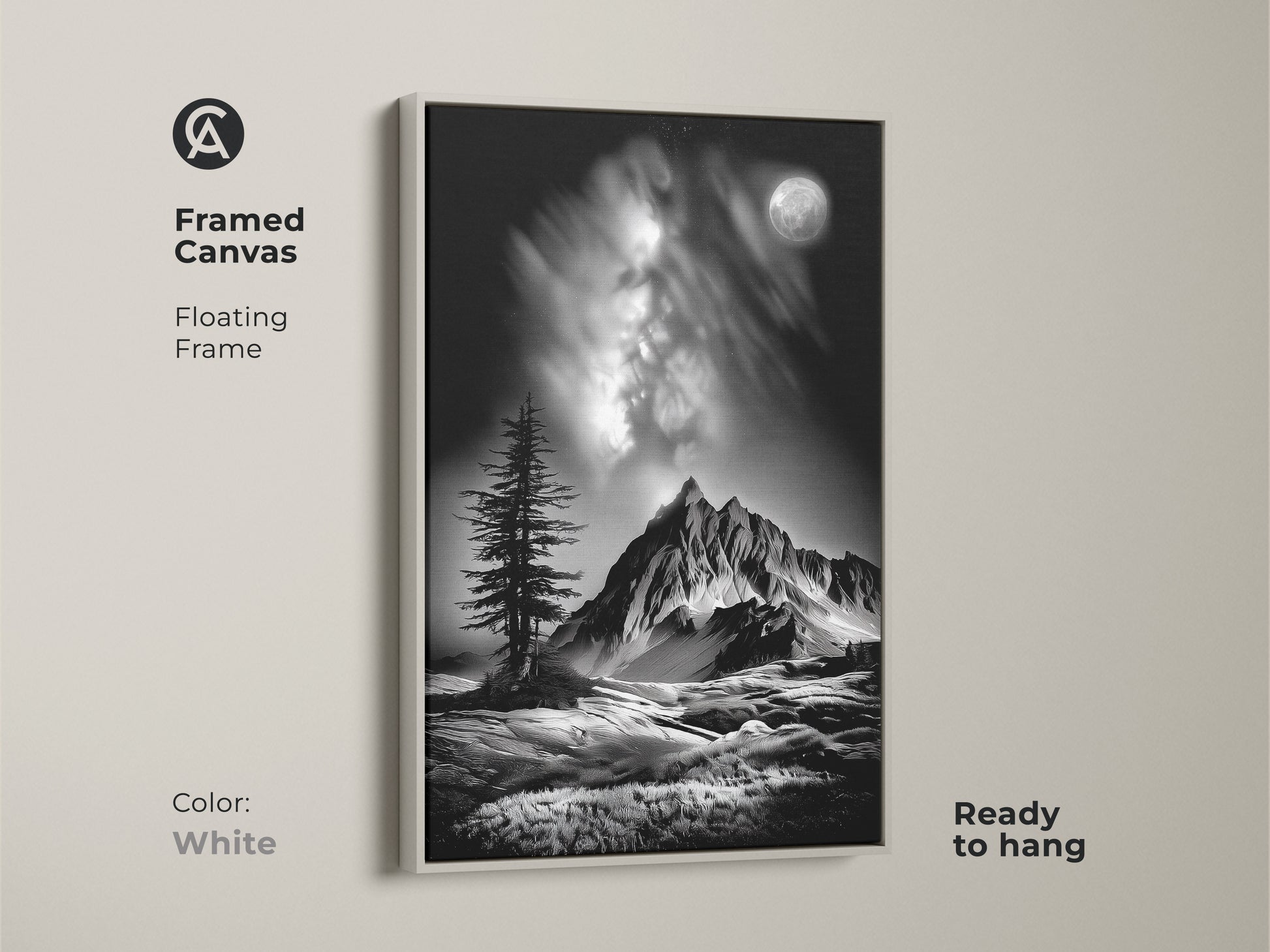 A white framed canvas features monochrome mountain art. The floating frame showcases a black and white landscape with a moonlit pine tree. This contemporary nature artwork is ready to hang.