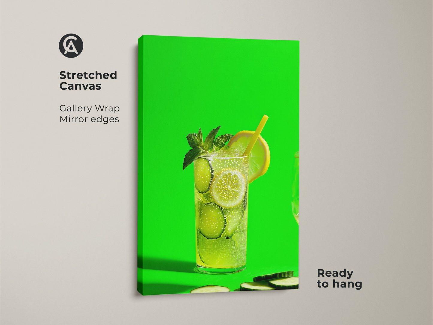 Stretched canvas lime green art showing a vibrant cucumber lemonade. This contemporary art is ready to hang. The gallery wrap with mirror edges enhances the modern cocktail wall art. Ideal for refreshing wall decor in a home bar.