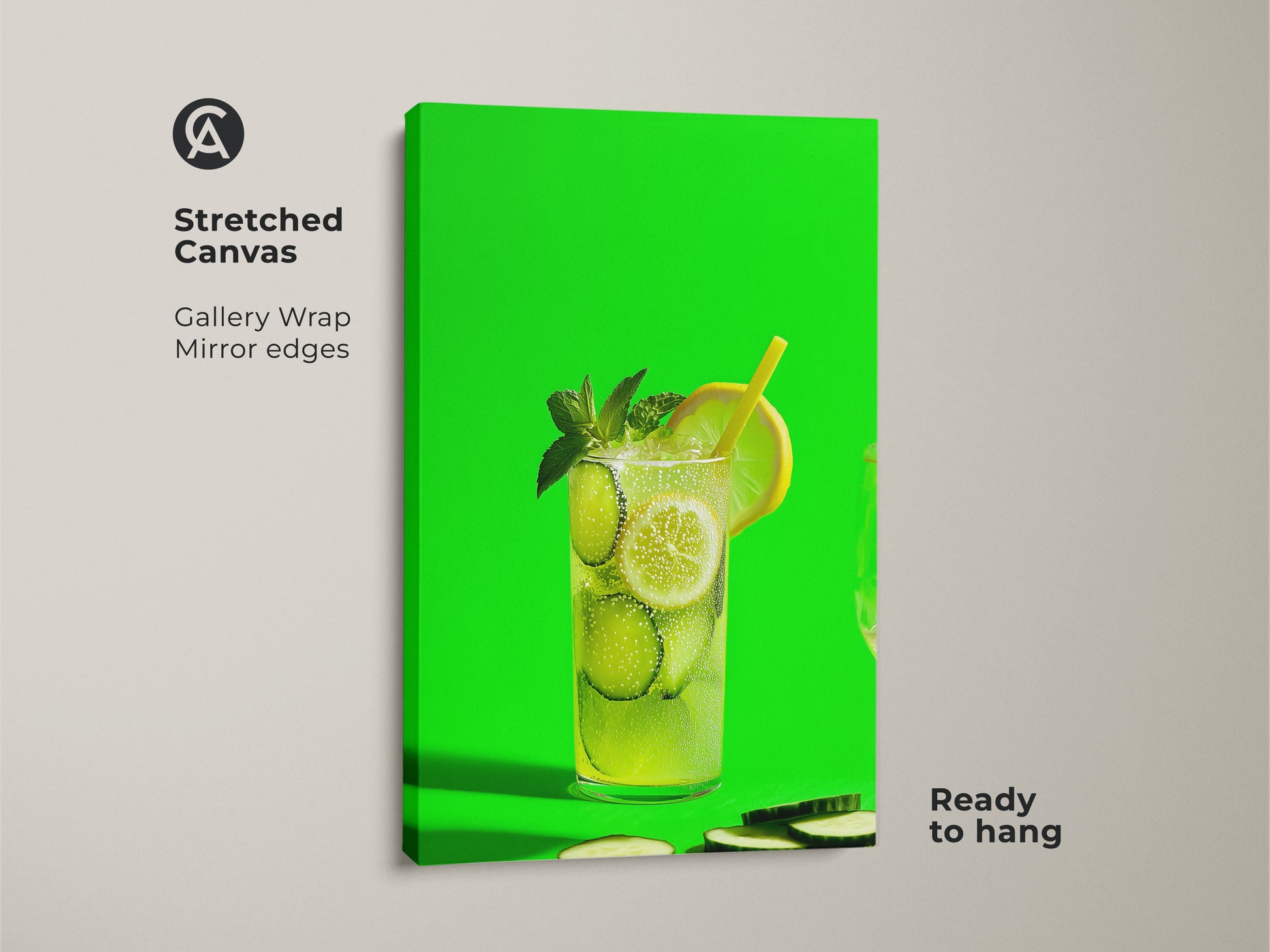 Stretched canvas lime green art showing a vibrant cucumber lemonade. This contemporary art is ready to hang. The gallery wrap with mirror edges enhances the modern cocktail wall art. Ideal for refreshing wall decor in a home bar.