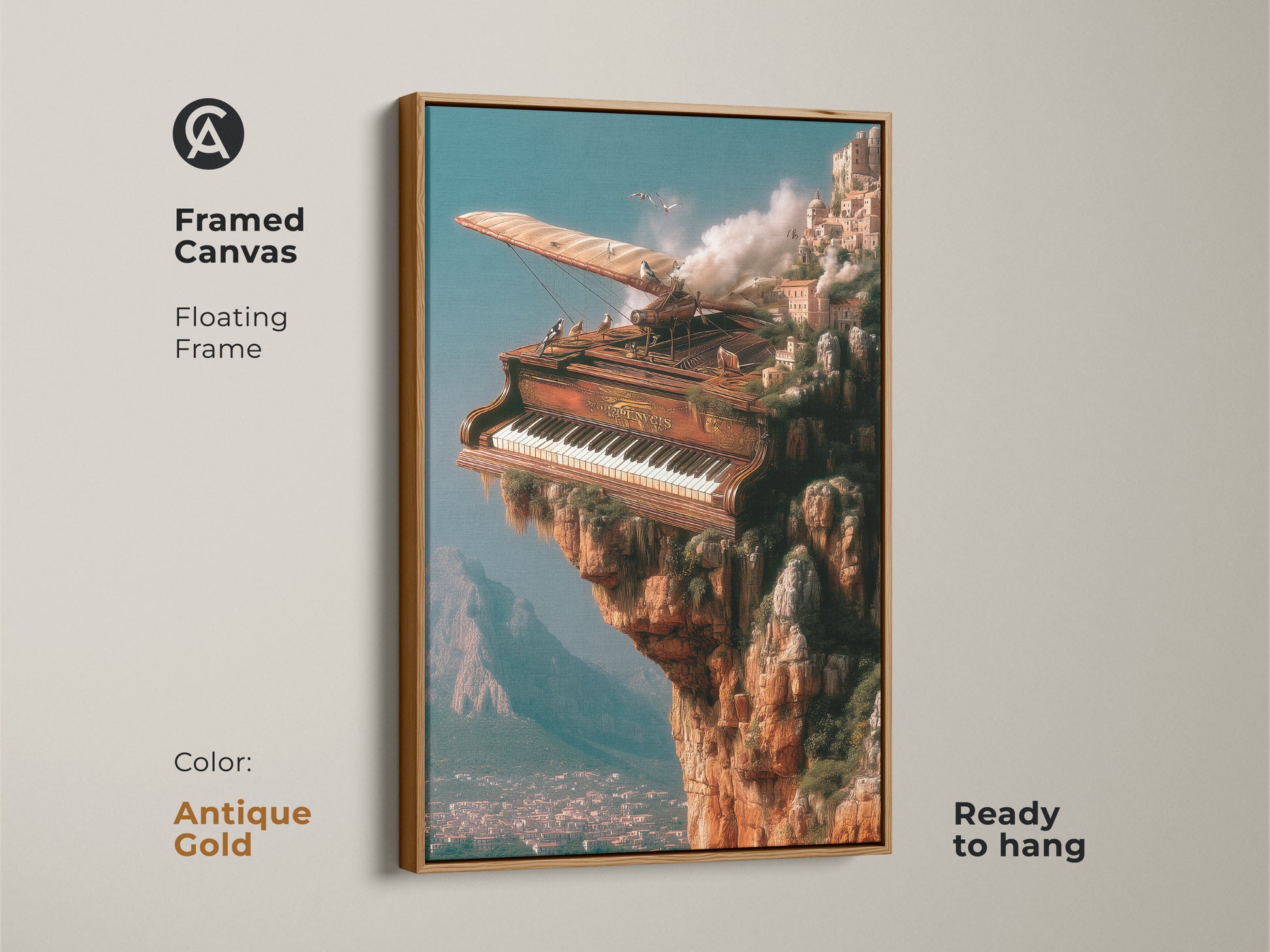 Framed canvas print with an antique gold floating frame. Features a piano on a cliff turning into a steampunk cityscape. A unique piece of musical architecture art. This wall art makes a statement in any creative studio or living room.