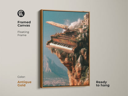 Framed canvas print with an antique gold floating frame. Features a piano on a cliff turning into a steampunk cityscape. A unique piece of musical architecture art. This wall art makes a statement in any creative studio or living room.
