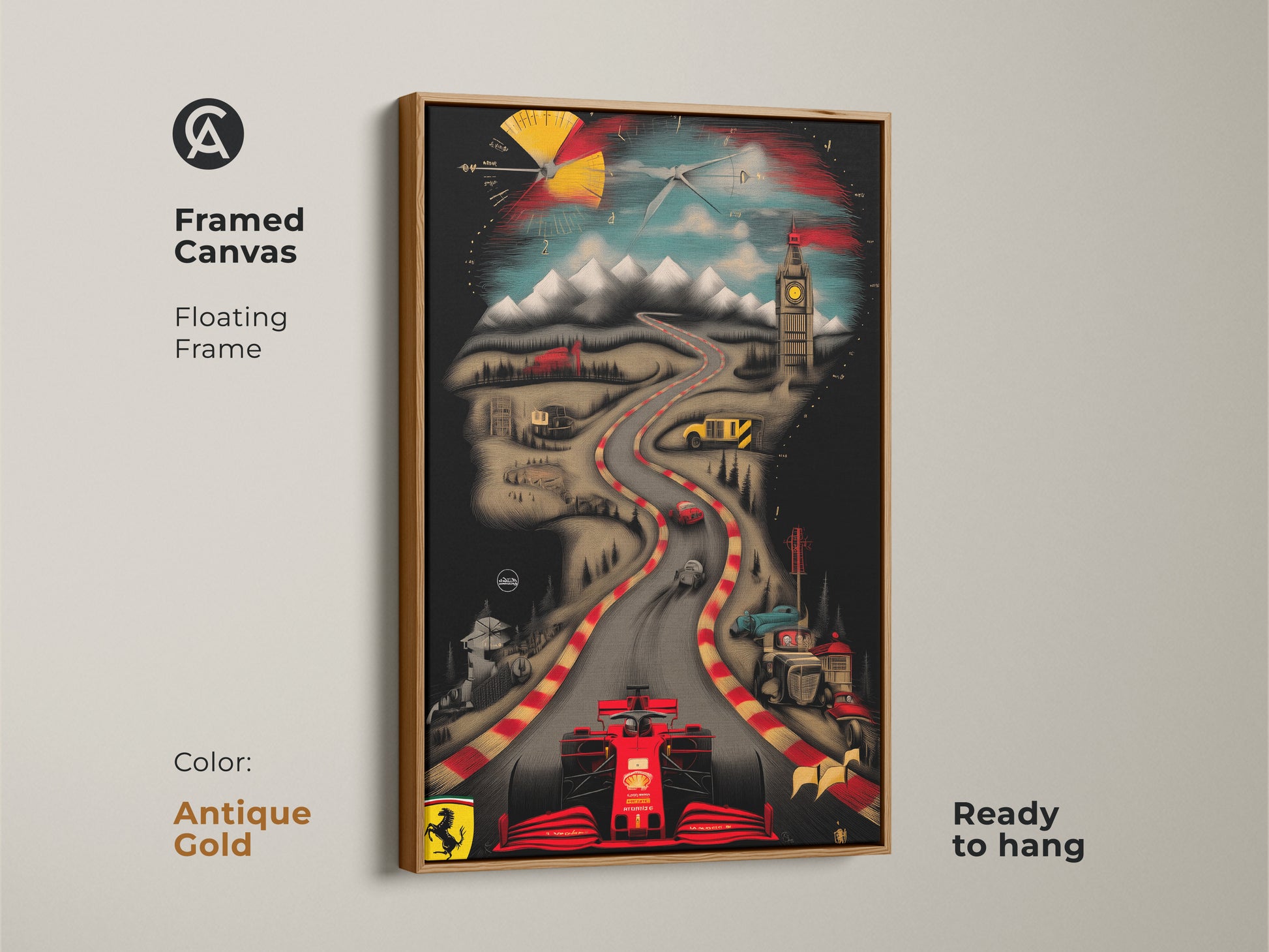 Antique gold framed Ferrari canvas print for sale. The artwork features a red F1 car on a racetrack. Landmarks blend into the horizon. Makes a great gift. High quality print