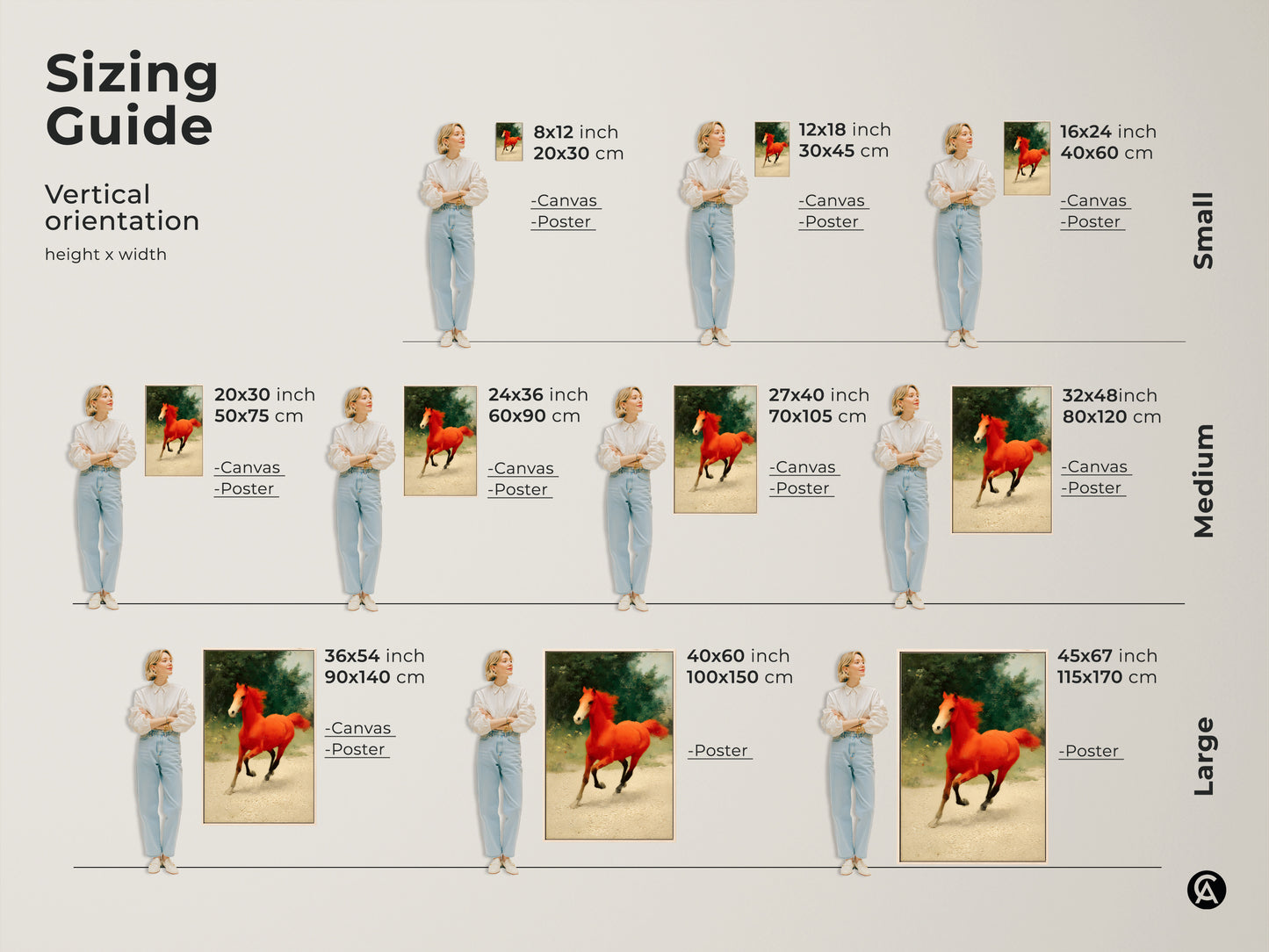 Sizing guide for the vertical orange horse canvas print. Available in small medium and large sizes. Perfect as equine artwork for bedroom or residential horse decor. Find the ideal fit for your space. An expressive gift for horse lovers.