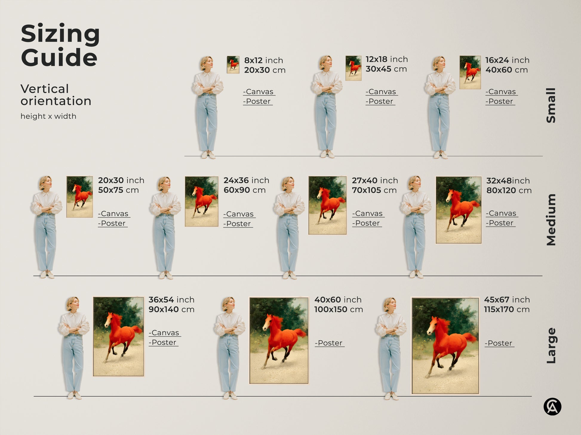 Sizing guide for the vertical orange horse canvas print. Available in small medium and large sizes. Perfect as equine artwork for bedroom or residential horse decor. Find the ideal fit for your space. An expressive gift for horse lovers.
