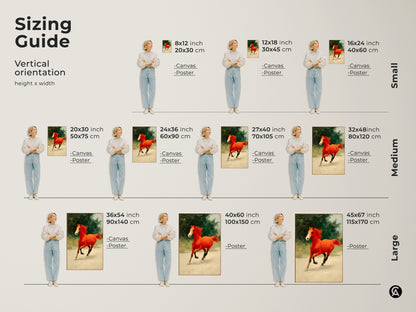 Sizing guide for the vertical orange horse canvas print. Available in small medium and large sizes. Perfect as equine artwork for bedroom or residential horse decor. Find the ideal fit for your space. An expressive gift for horse lovers.