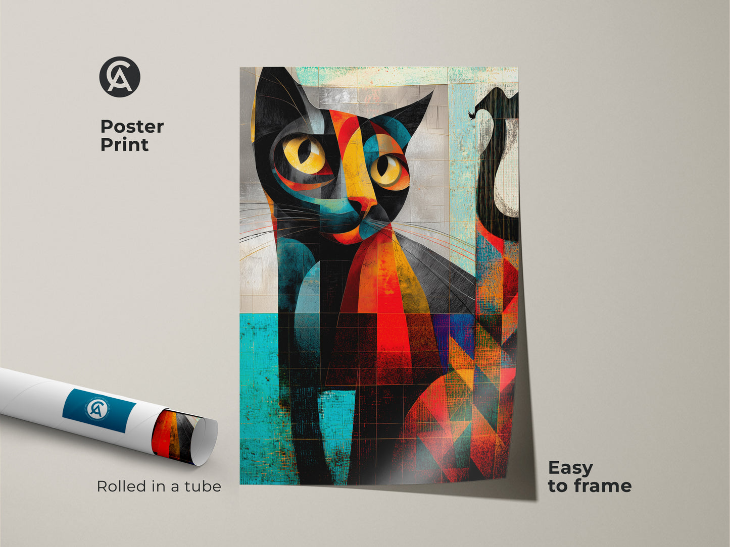 Poster print of a cubist cat portrait is rolled in a tube for easy framing. The abstract feline artwork showcases geometric shapes in orange teal and yellow tones. This colorful cat poster adds a modern touch to any space. Perfect animal art for cat lovers.