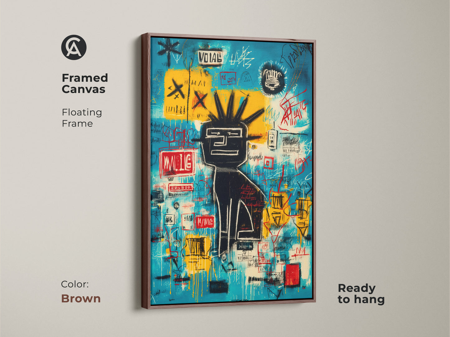 Basquiat-style graffiti art in a brown floating frame. This framed canvas is ready to hang. The brown frame enhances the artwork's vibrant colors. A stylish addition to any home decor. Get yours today.