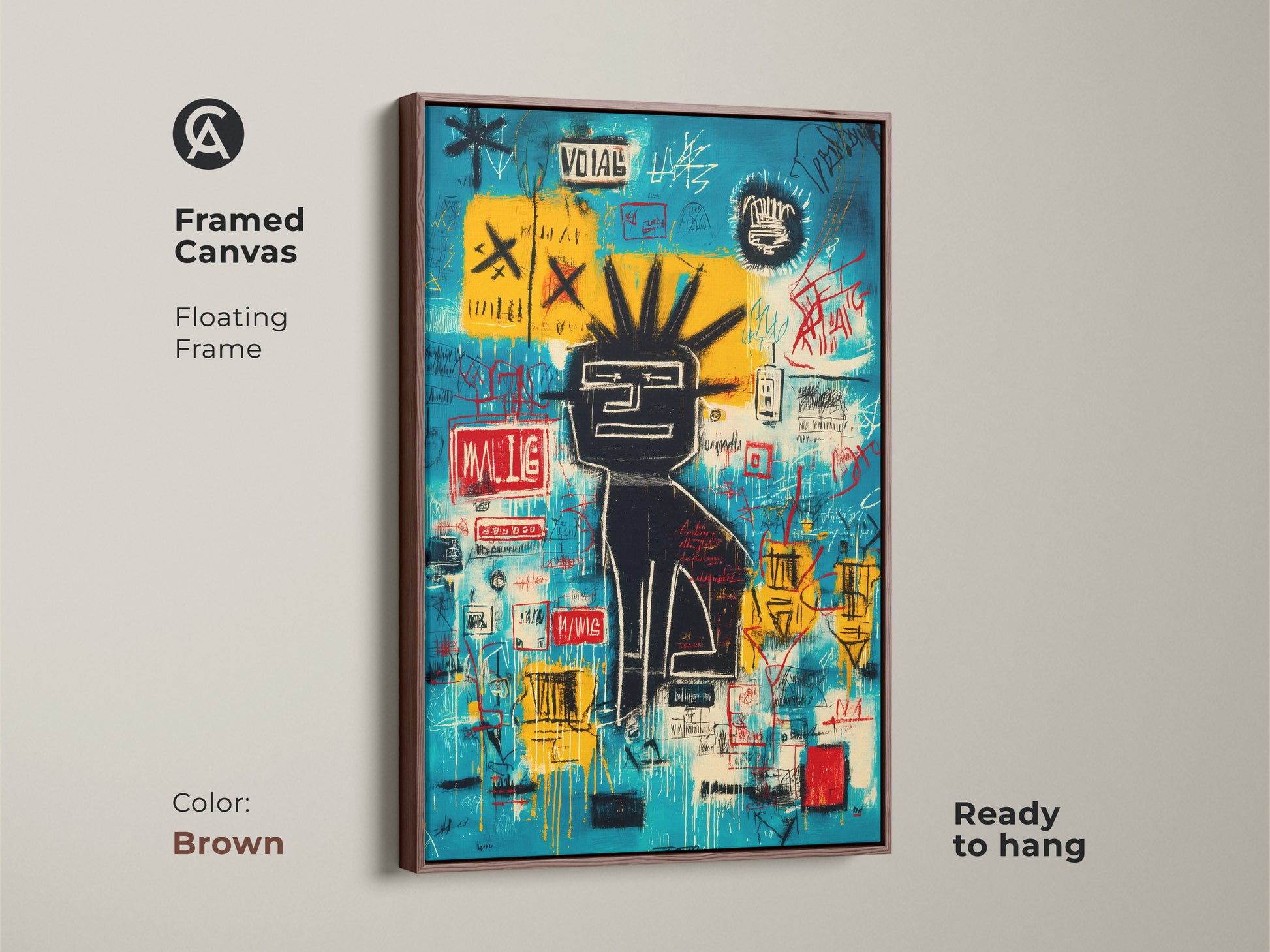 Basquiat-style graffiti art in a brown floating frame. This framed canvas is ready to hang. The brown frame enhances the artwork's vibrant colors. A stylish addition to any home decor. Get yours today.