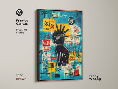Basquiat-style graffiti art in a brown floating frame. This framed canvas is ready to hang. The brown frame enhances the artwork's vibrant colors. A stylish addition to any home decor. Get yours today.