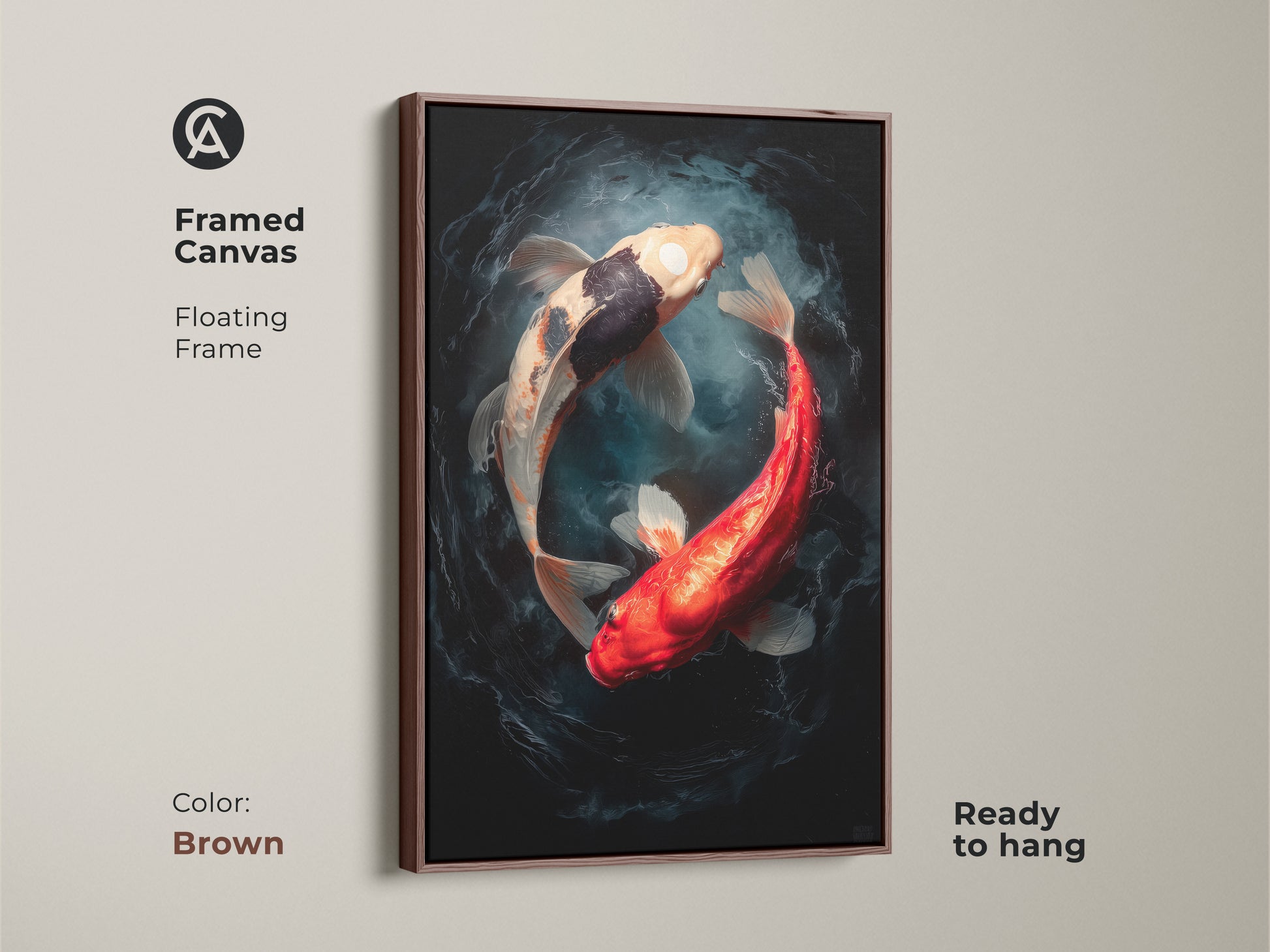 A brown framed canvas featuring two koi fish in a yin and yang position. The floating frame adds a touch of sophistication. This framed artwork is ready to hang. A perfect addition to your home.