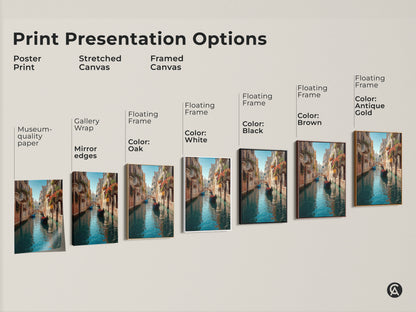 Explore print presentation options for Venetian canal artwork. Choose from poster prints stretched canvas and framed canvas. Floating frames are available in various colors. The art features a gondola.
