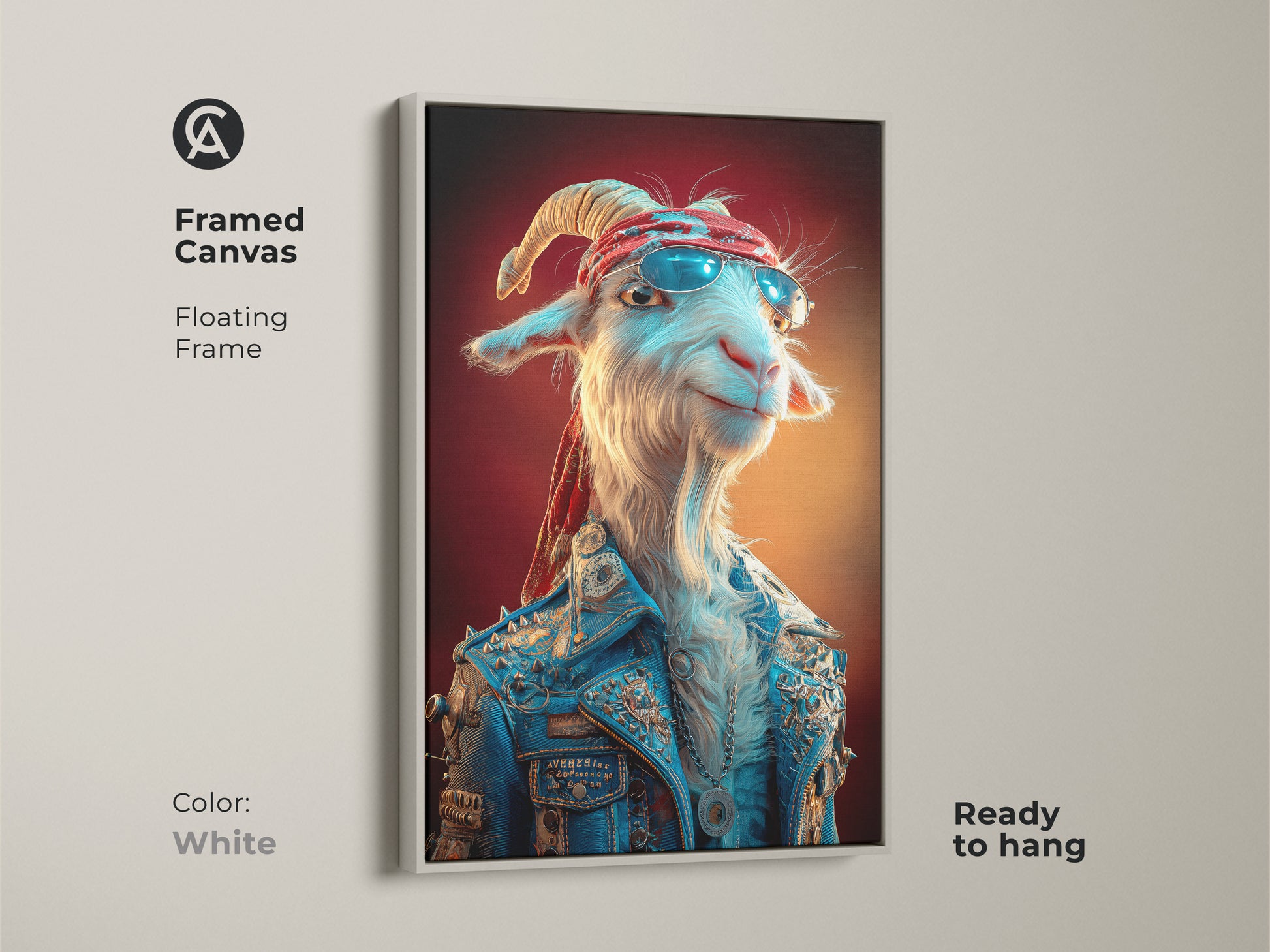 A framed canvas featuring white floating frame with goat rockstar in a denim jacket. This is a cool piece of animal art. This unique animal print is ready to hang. Add a touch of modern quirky decor to your space with this statement animal art.