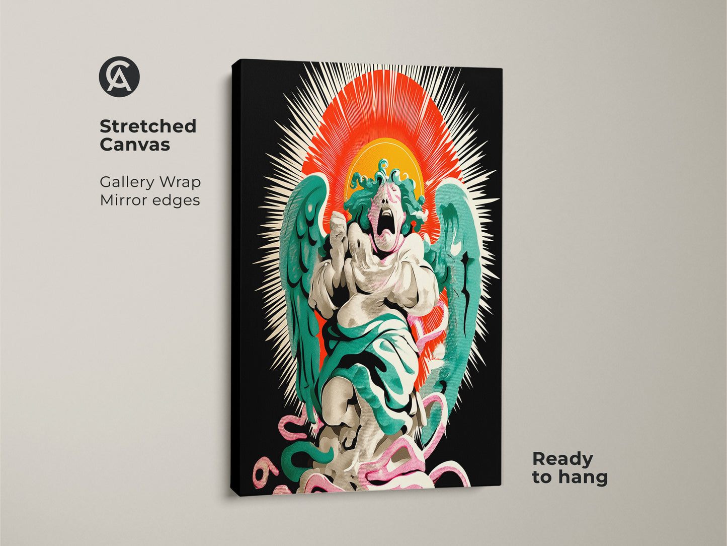 Close-up of a stretched canvas print showcasing a screaming angel. This gallery-wrapped art has mirrored edges. Ready-to-hang surrealism sunburst print. Features a pop surrealist angel wall art in gothic style with red orange teal accents. Perfect home decor.