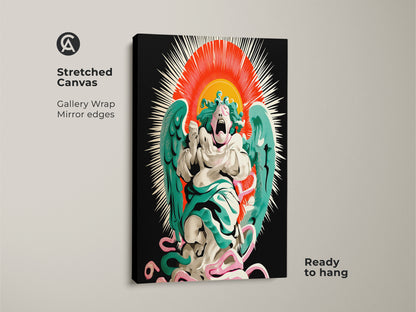 Close-up of a stretched canvas print showcasing a screaming angel. This gallery-wrapped art has mirrored edges. Ready-to-hang surrealism sunburst print. Features a pop surrealist angel wall art in gothic style with red orange teal accents. Perfect home decor.