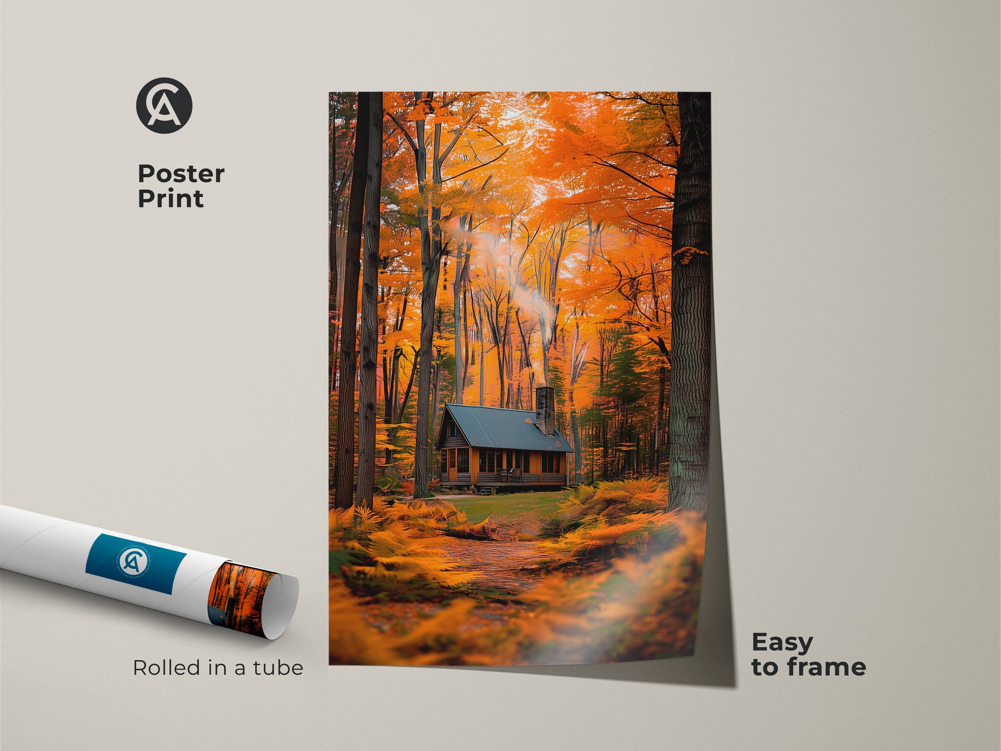 This poster print features a picturesque log cabin in an autumn forest. Easy to frame this artwork adds a touch of nature to your space. Rolled in a tube for protection this print captures the essence of fall. A perfect wall art for cabin lovers.